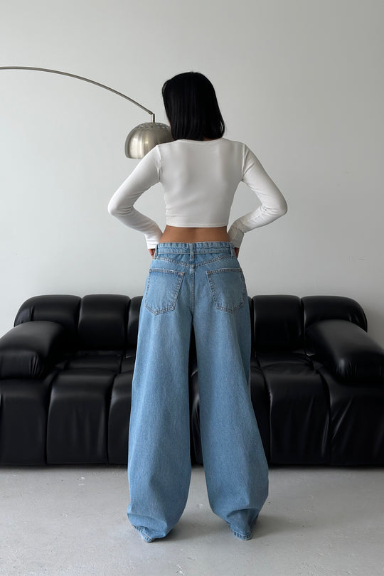 Routines Folded Waist Baggy Jeans - Light Blue 1480-6