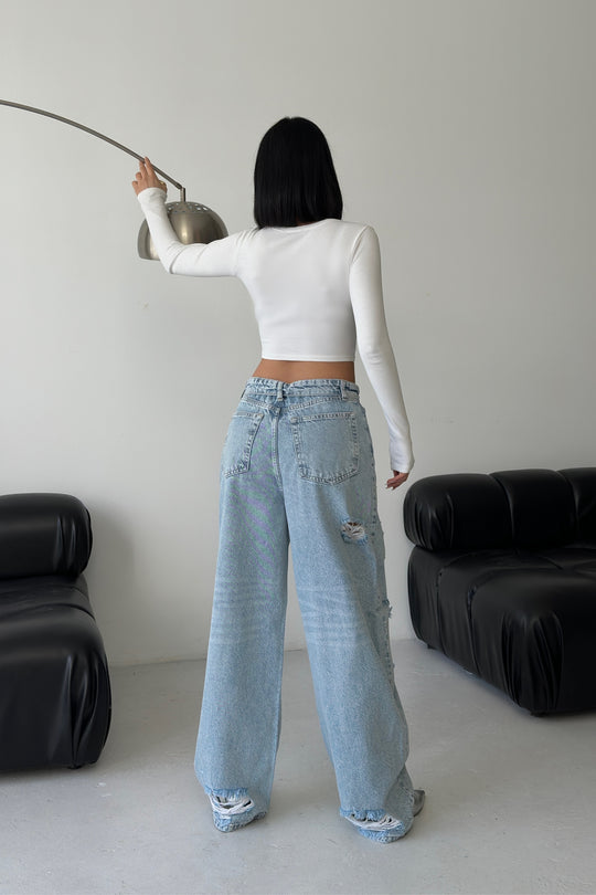 Routines Folded Waist Ripped Jeans - Light Blue 4545