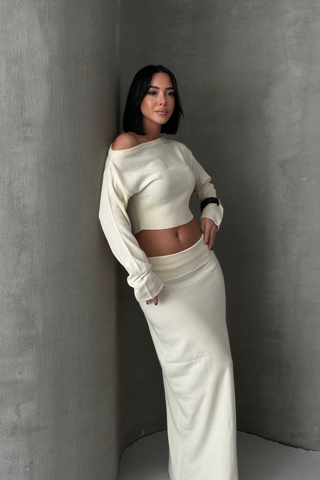 Routines Knitted Off-Shoulder Co-Ord - Cream 4069 Set Routines Fashion