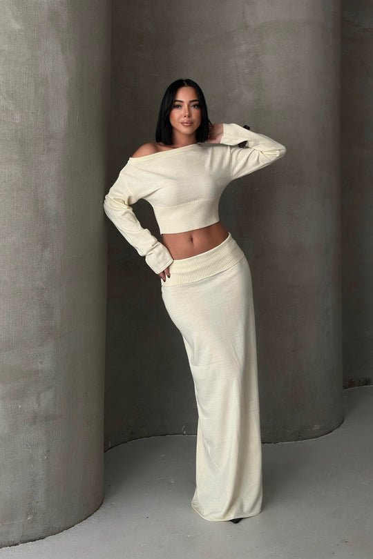 Routines Knitted Off-Shoulder Co-Ord - Cream 4069 Set Routines Fashion