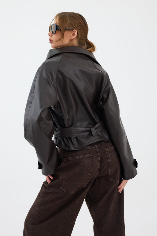 Routines Leatherlook Cropped Trench Coat - Brown 8505 Coat Routines Fashion