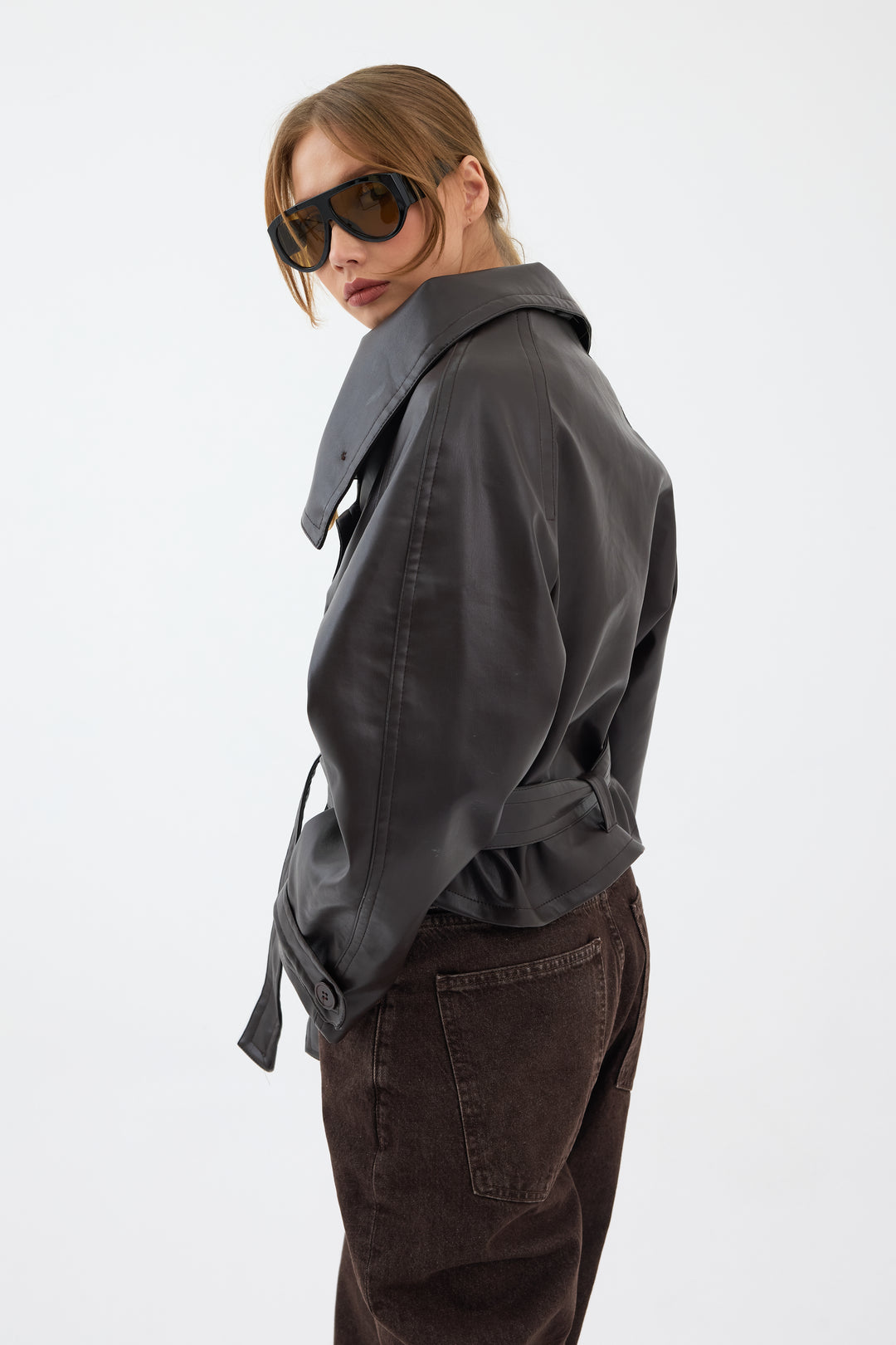 Routines Leatherlook Cropped Trench Coat - Brown 8505 Coat Routines Fashion