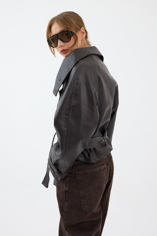 Routines Leatherlook Cropped Trench Coat - Brown 8505 Coat Routines Fashion