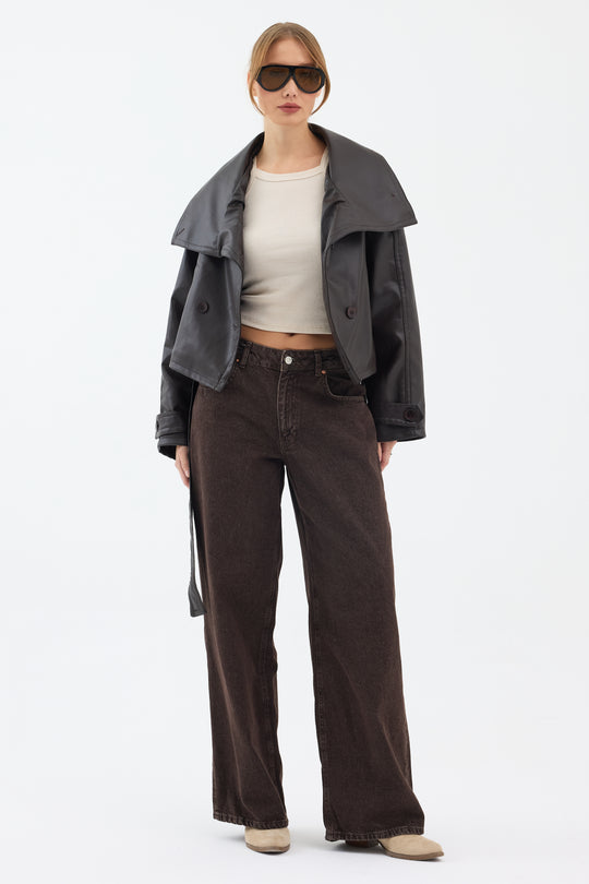 Routines Leatherlook Cropped Trench Coat - Brown 8505 Coat Routines Fashion