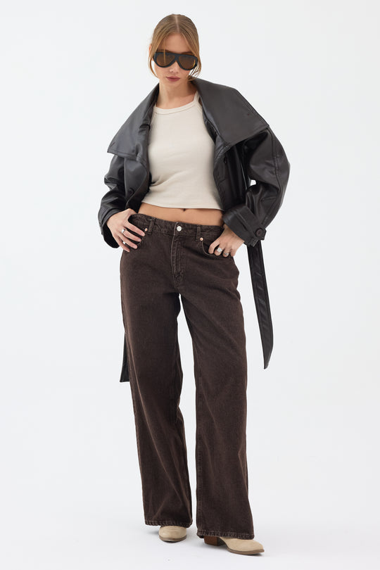 Routines Leatherlook Cropped Trench Coat - Brown 8505 Coat Routines Fashion