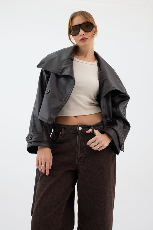 Routines Leatherlook Cropped Trench Coat - Brown 8505 Coat Routines Fashion