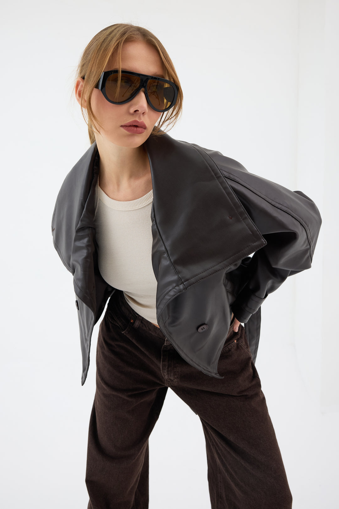 Routines Leatherlook Cropped Trench Coat - Brown 8505 Coat Routines Fashion