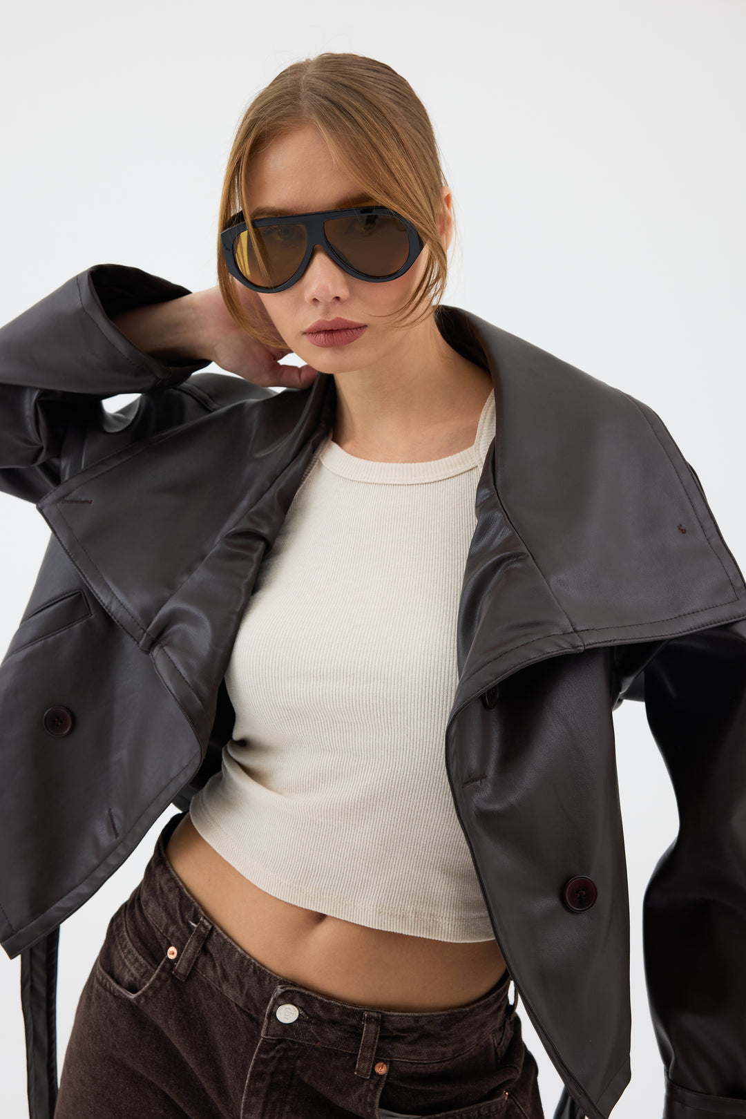 Routines Leatherlook Cropped Trench Coat - Brown 8505 Coat Routines Fashion