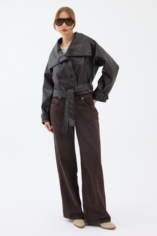 Routines Leatherlook Cropped Trench Coat - Brown 8505 Coat Routines Fashion