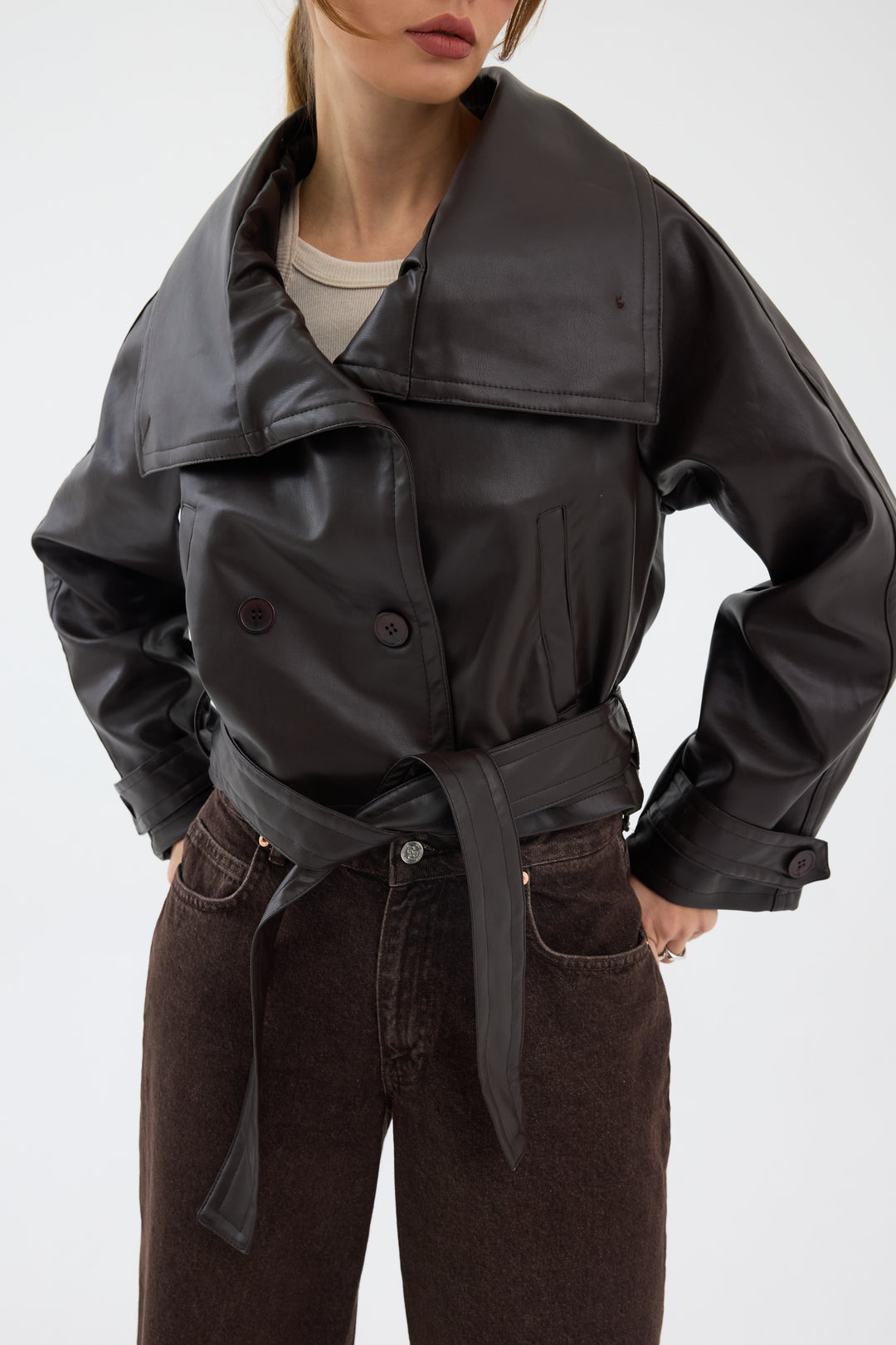 Routines Leatherlook Cropped Trench Coat - Brown 8505 Coat Routines Fashion