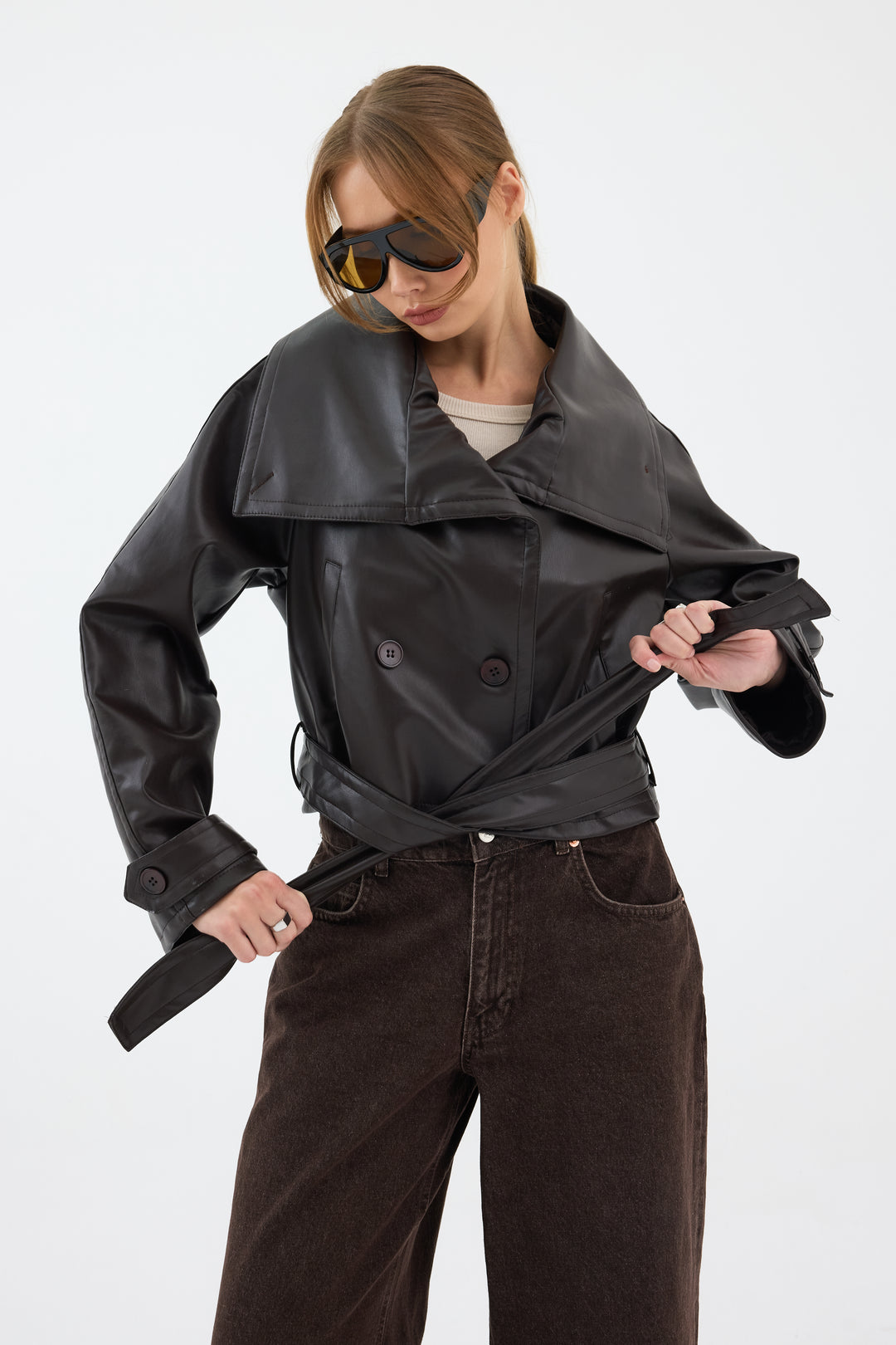 Routines Leatherlook Cropped Trench Coat - Brown 8505 Coat Routines Fashion