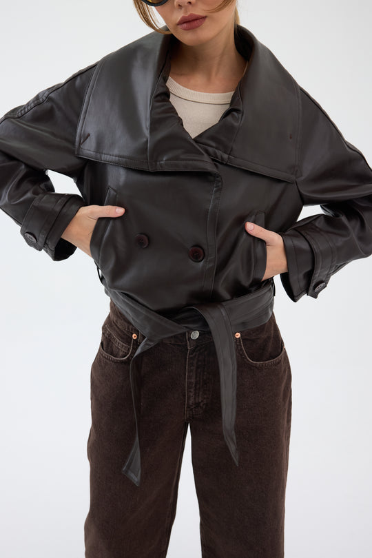 Routines Leatherlook Cropped Trench Coat - Brown 8505 Coat Routines Fashion