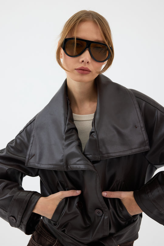 Routines Leatherlook Cropped Trench Coat - Brown 8505 Coat Routines Fashion