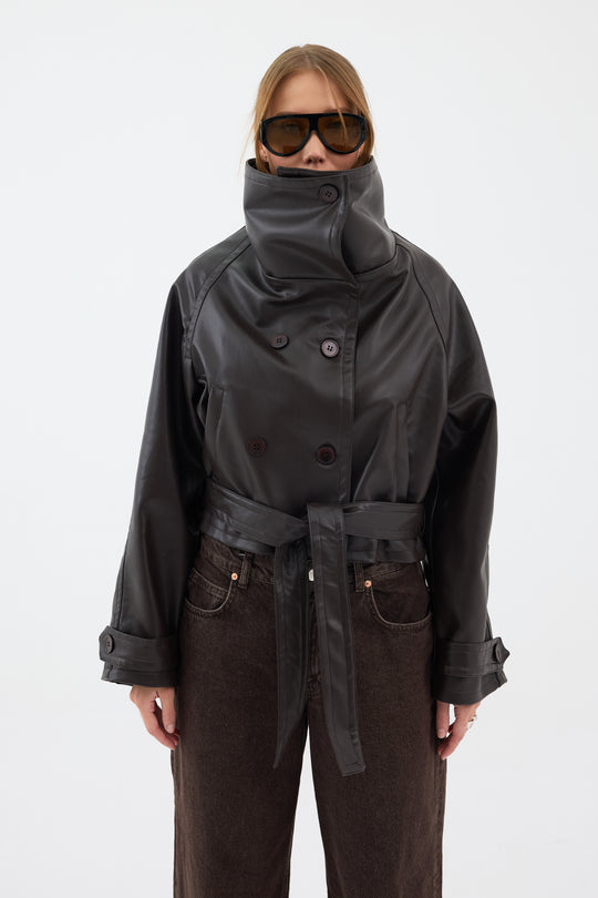 Routines Leatherlook Cropped Trench Coat - Brown 8505 Coat Routines Fashion