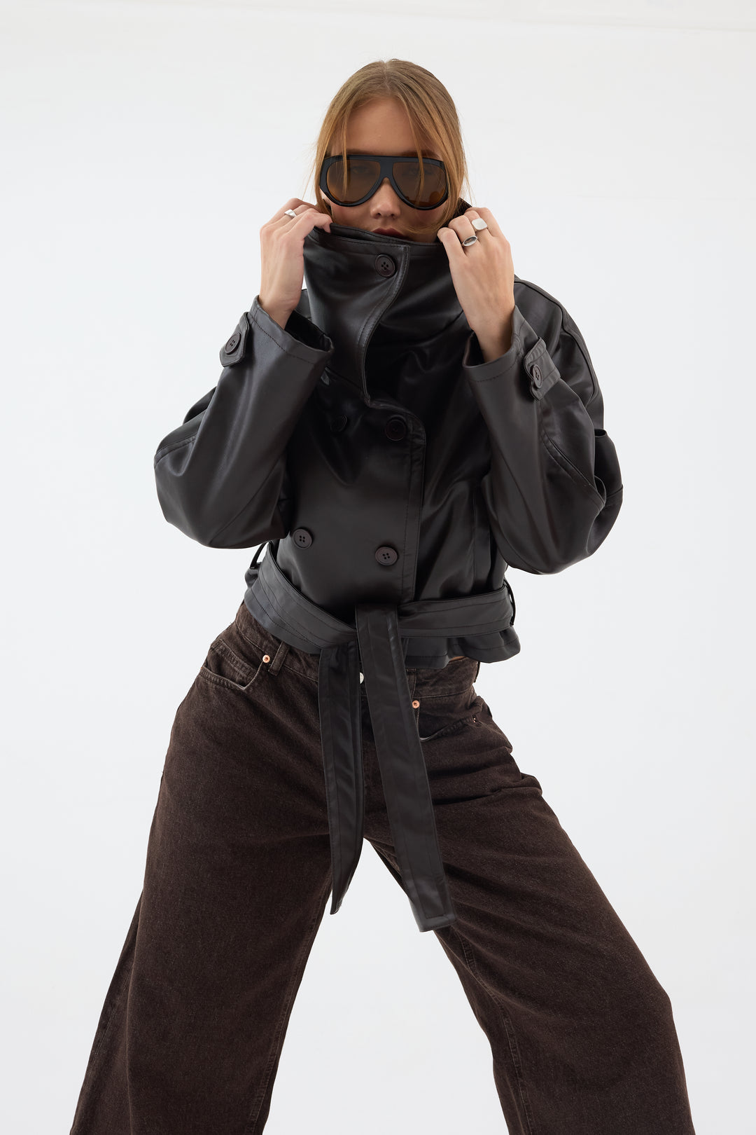 Routines Leatherlook Cropped Trench Coat - Brown 8505 Coat Routines Fashion