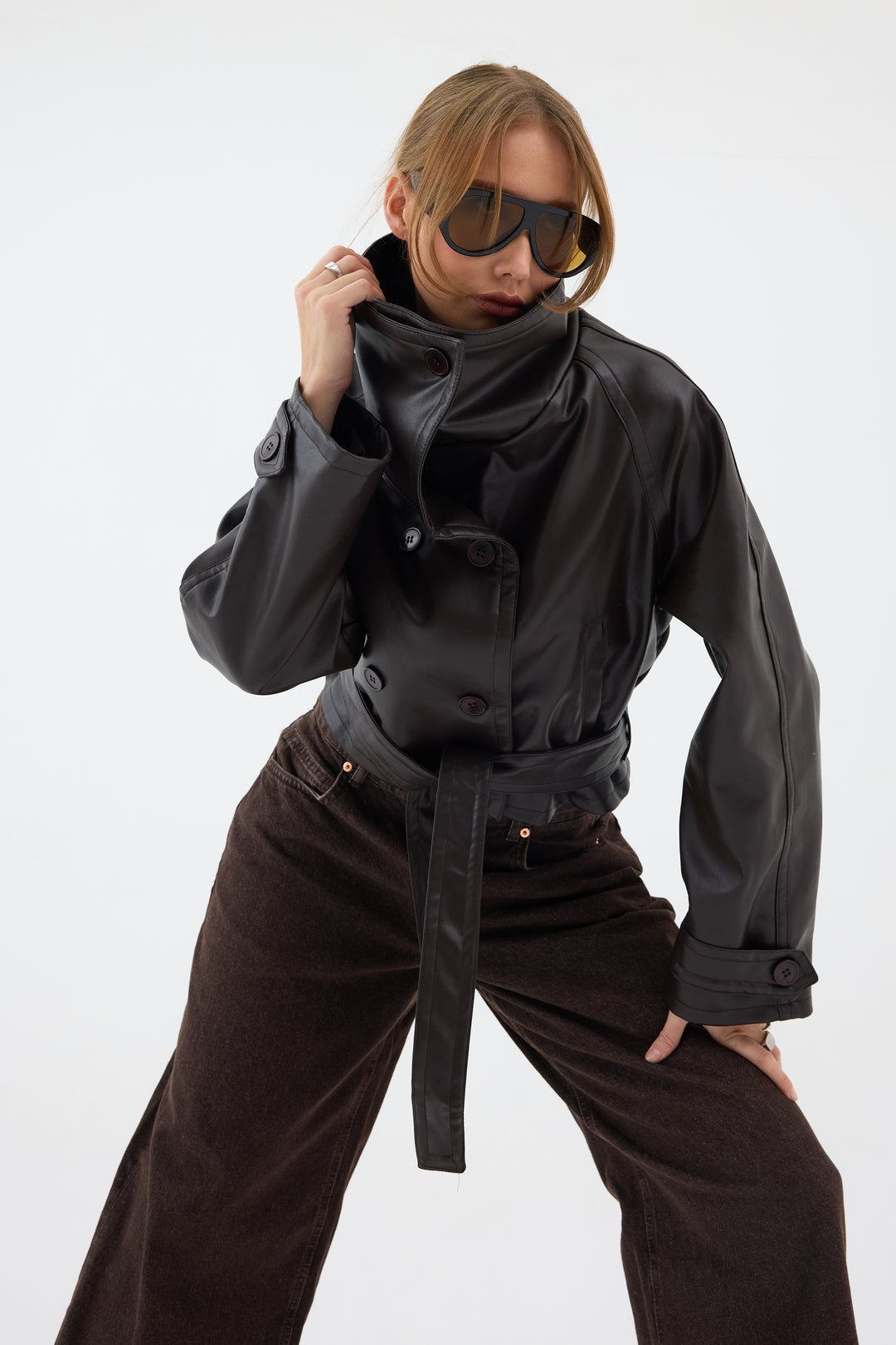 Routines Leatherlook Cropped Trench Coat - Brown 8505 Coat Routines Fashion