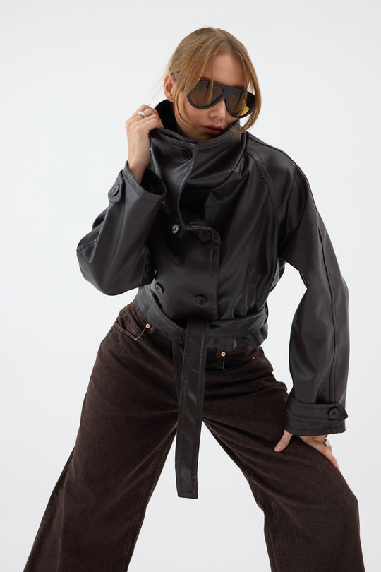 Routines Leatherlook Cropped Trench Coat - Brown 8505 Coat Routines Fashion