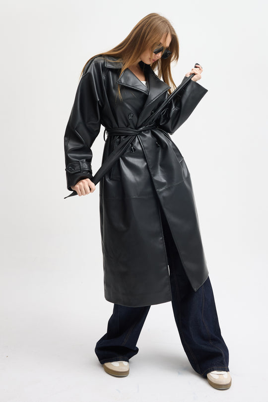 Routines Faux Leather Trench Coat - Black 8506