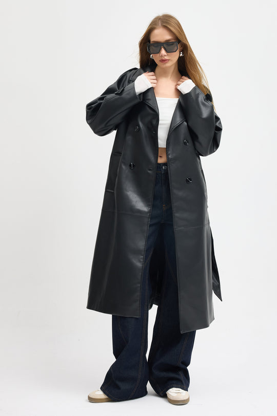 Routines Faux Leather Trench Coat - Black 8506