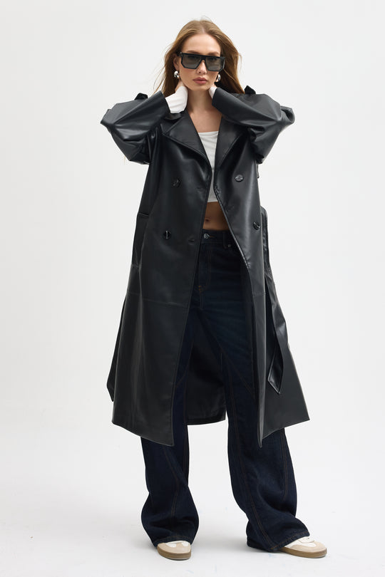 Routines Faux Leather Trench Coat - Black 8506