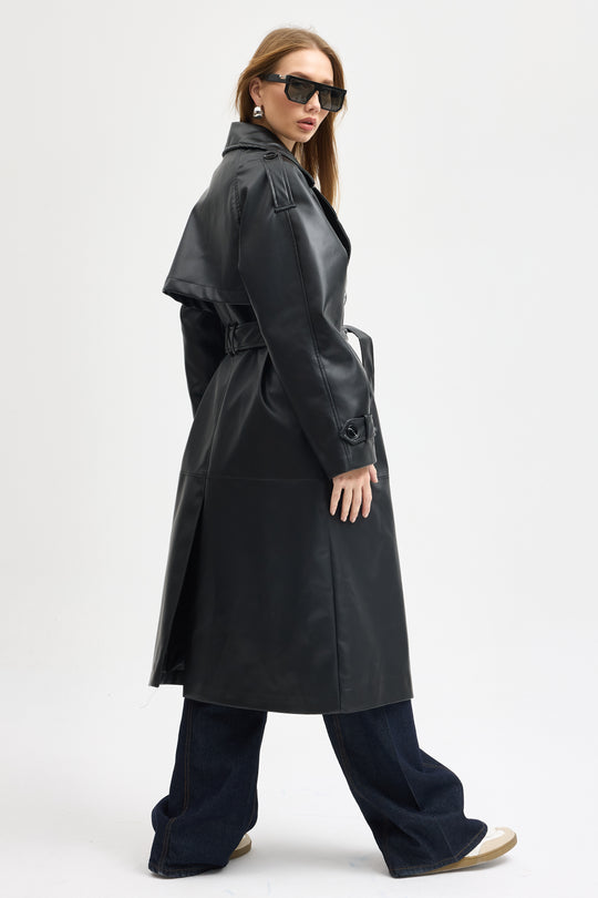 Routines Faux Leather Trench Coat - Black 8506