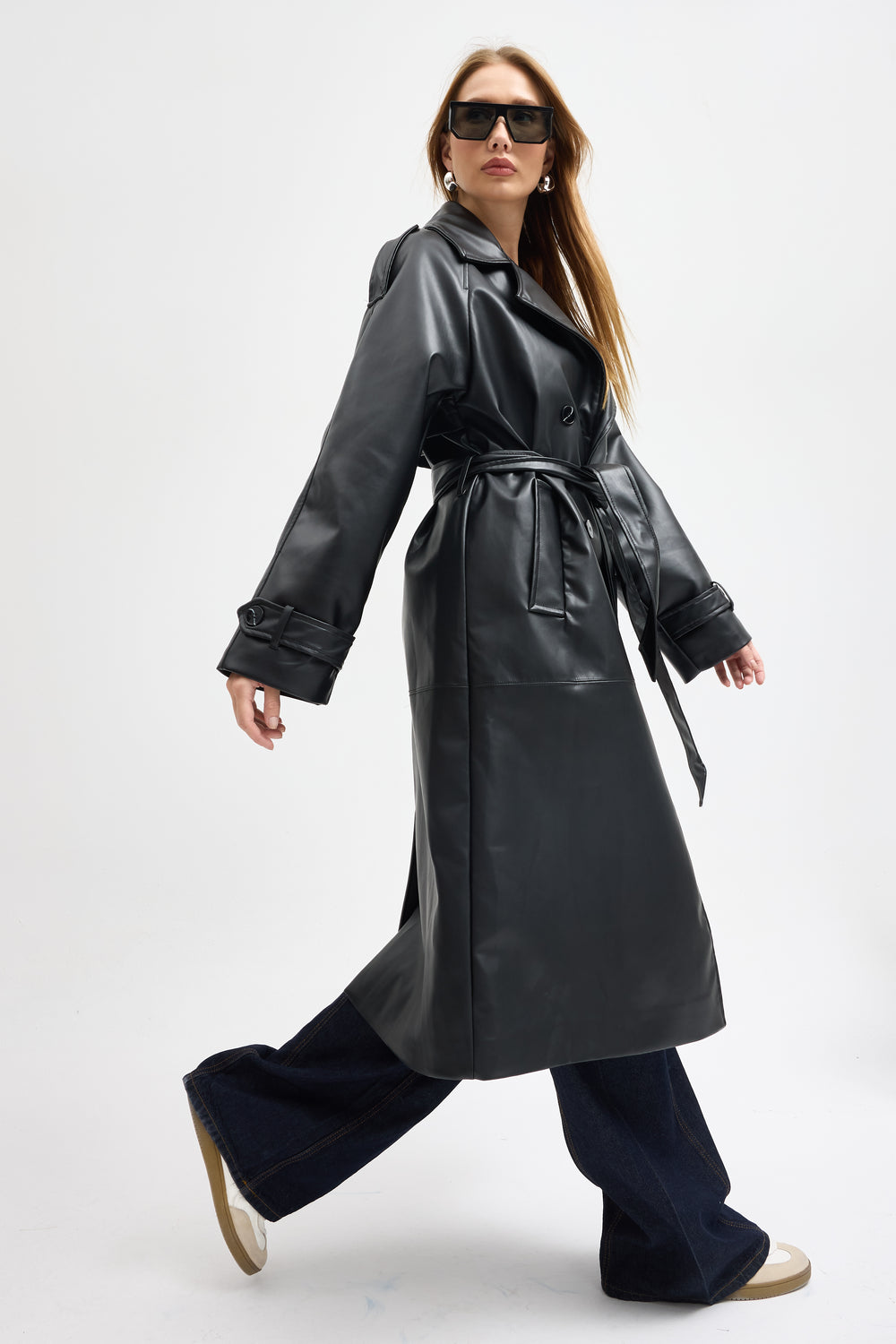 Routines Faux Leather Trench Coat - Black 8506