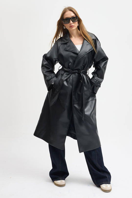 Routines Faux Leather Trench Coat - Black 8506