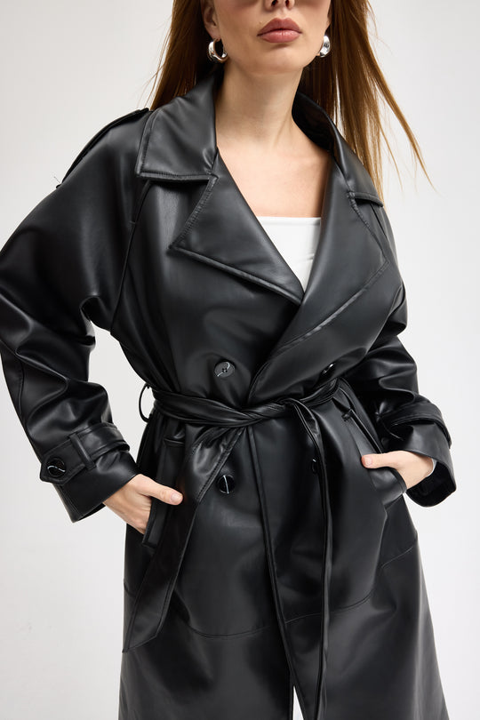 Routines Faux Leather Trench Coat - Black 8506