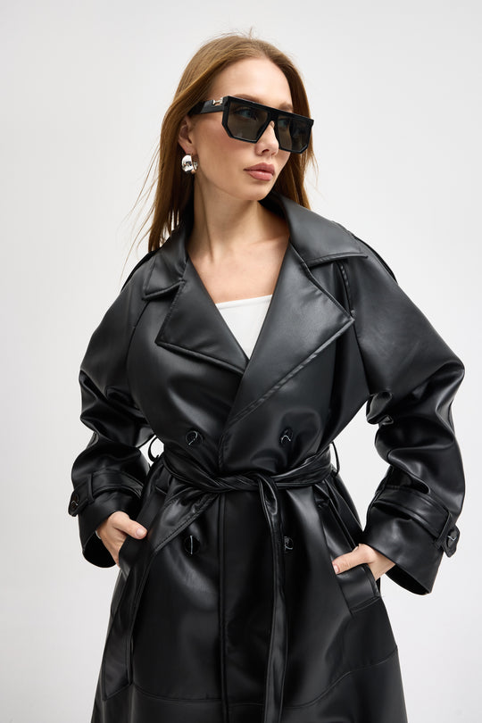 Routines Faux Leather Trench Coat - Black 8506
