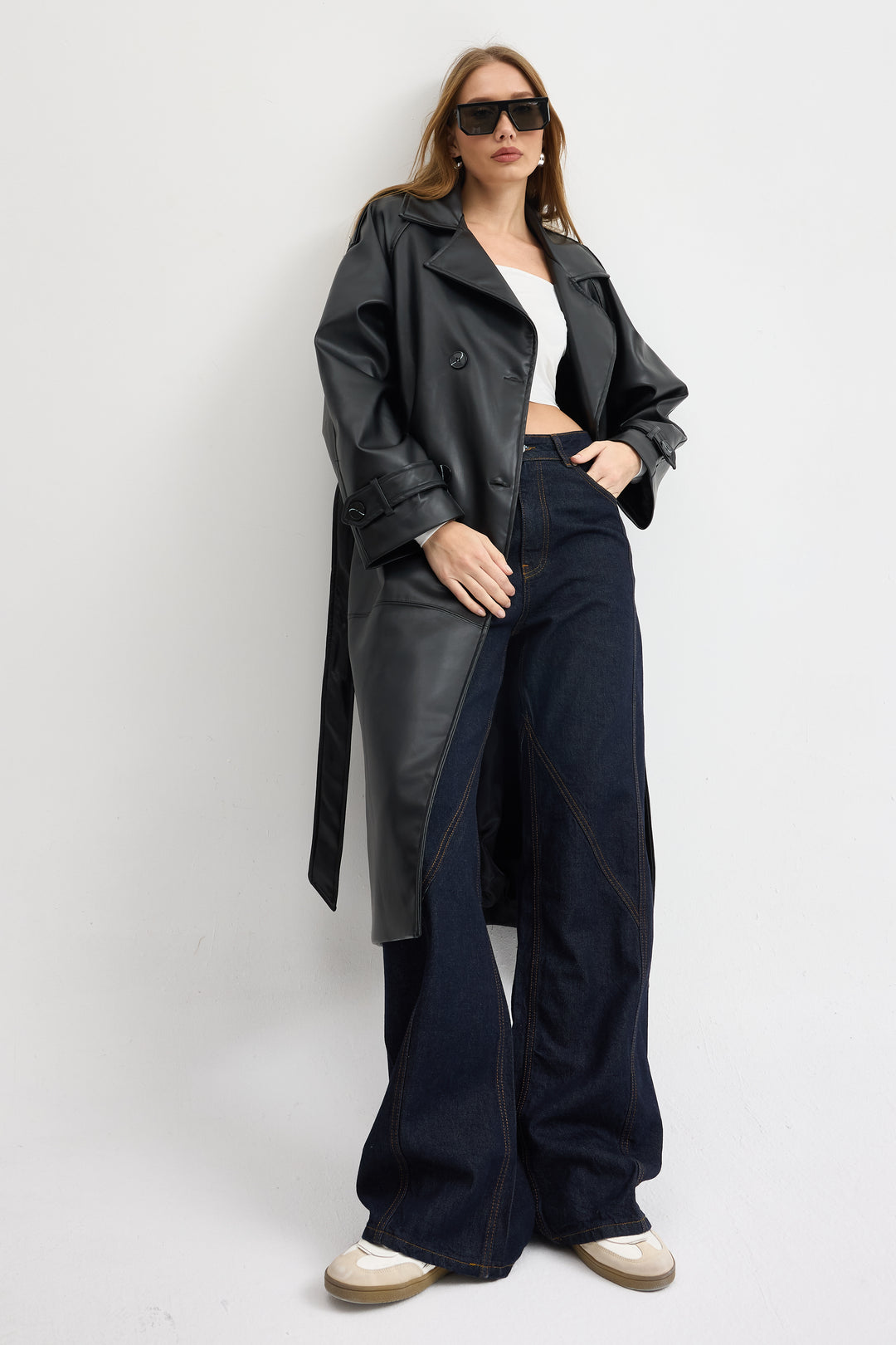 Routines Faux Leather Trench Coat - Black 8506