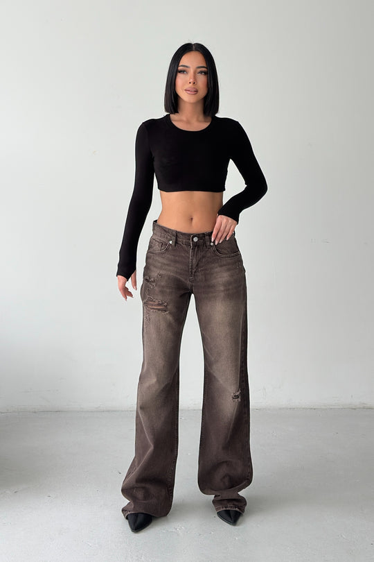 Routines Mid-waist Ripped Jeans - Brown 1479-2