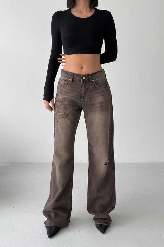 Routines Mid-waist Ripped Jeans - Brown 1479-2