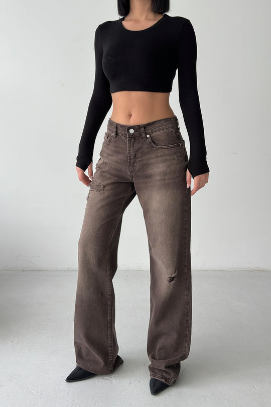 Routines Mid-waist Ripped Jeans - Brown 1479-2