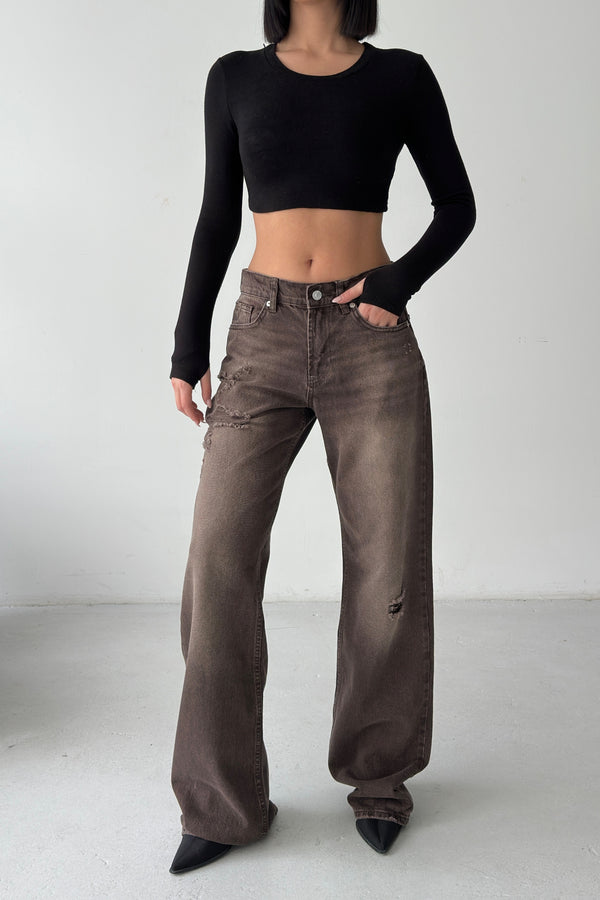 Routines Mid-waist Ripped Jeans - Brown 1479-2