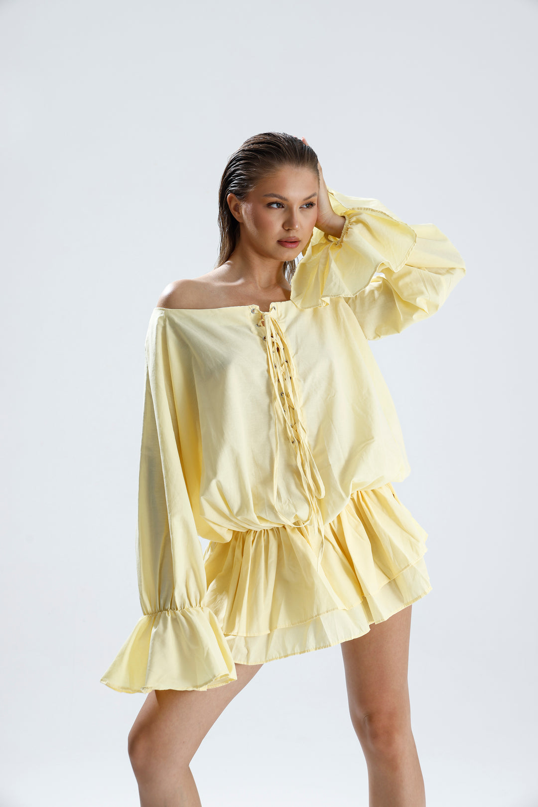 Routines Off Shoulder Ruffle Dress - Butter Yellow 3084 Dress Routines Fashion