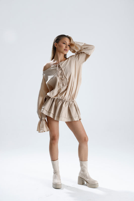 Routines Off Shoulder Ruffle Dress - Taupe 2410 Dress Routines Fashion