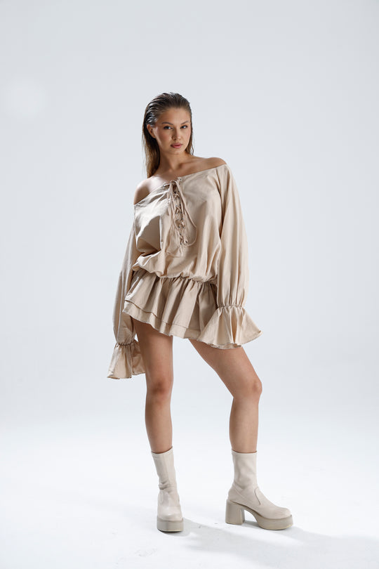 Routines Off Shoulder Ruffle Dress - Taupe 2410 Dress Routines Fashion