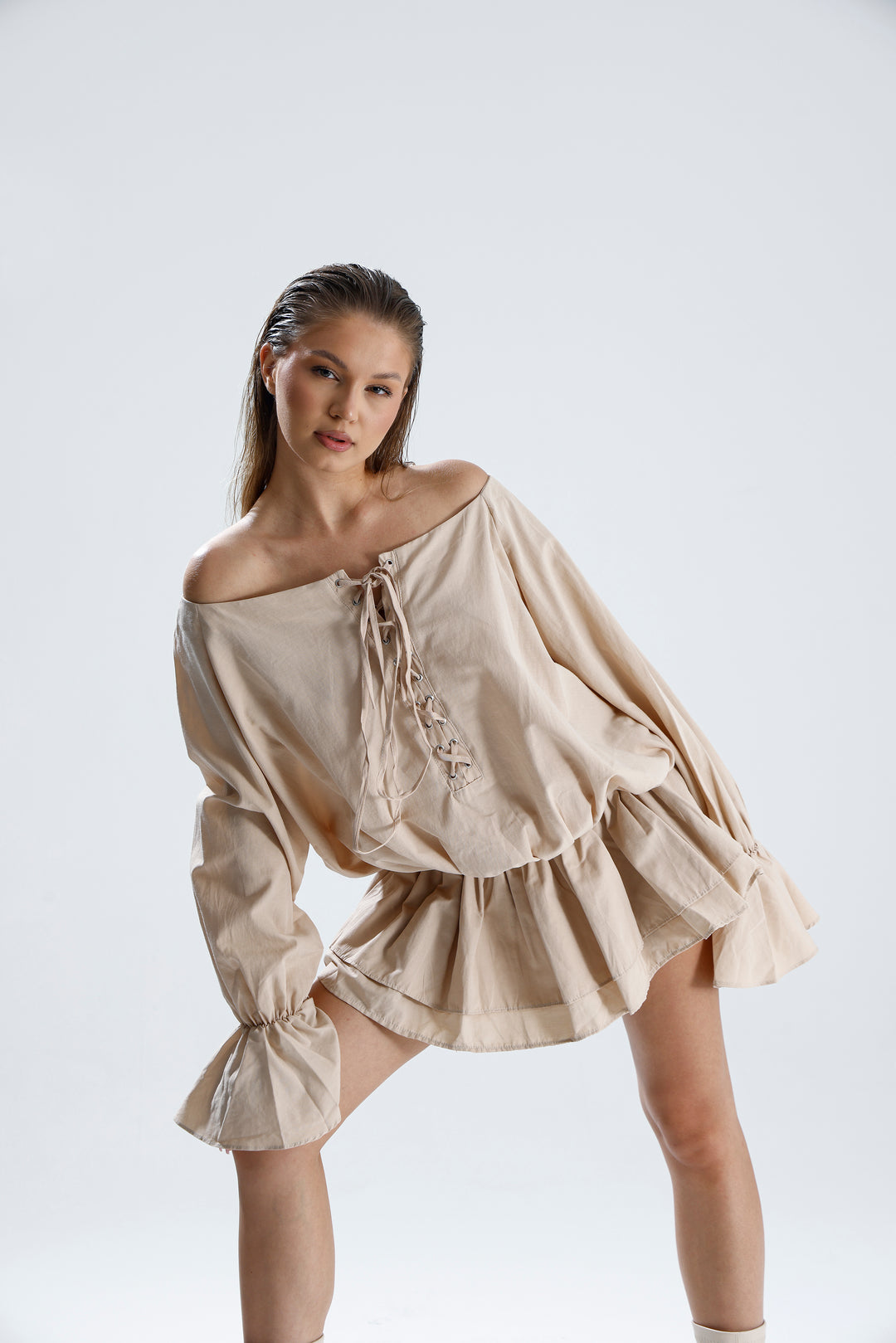 Routines Off Shoulder Ruffle Dress - Taupe 2410 Dress Routines Fashion