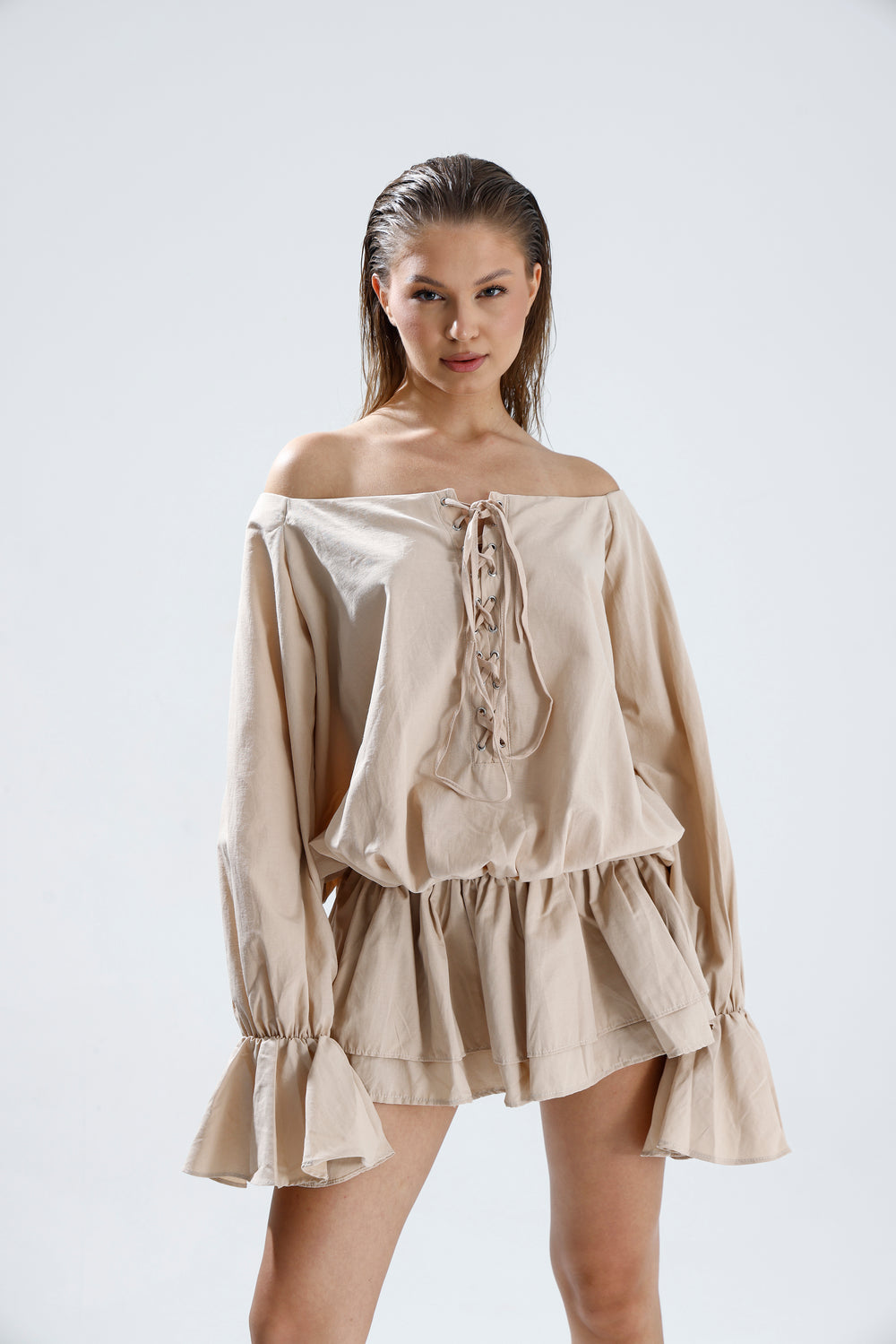 Routines Off Shoulder Ruffle Dress - Taupe 2410 Dress Routines Fashion