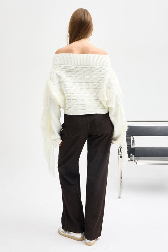 Routines Off shoulder Fringe Knit - Cream 1276