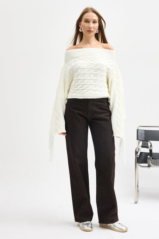 Routines Off shoulder Fringe Knit - Cream 1276
