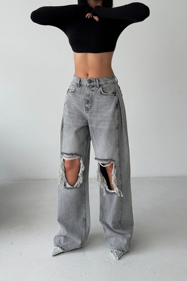 Routines Overlay Waist Ripped Jeans - Grey 1207-12