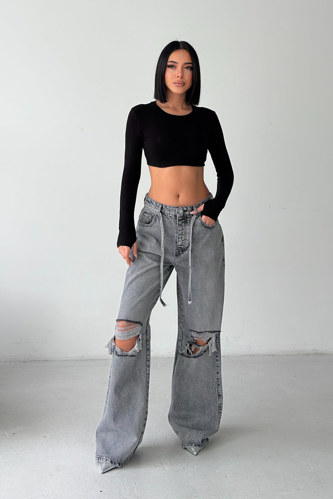 Routines Ripped Drawstring Jeans - Grey 1203-6