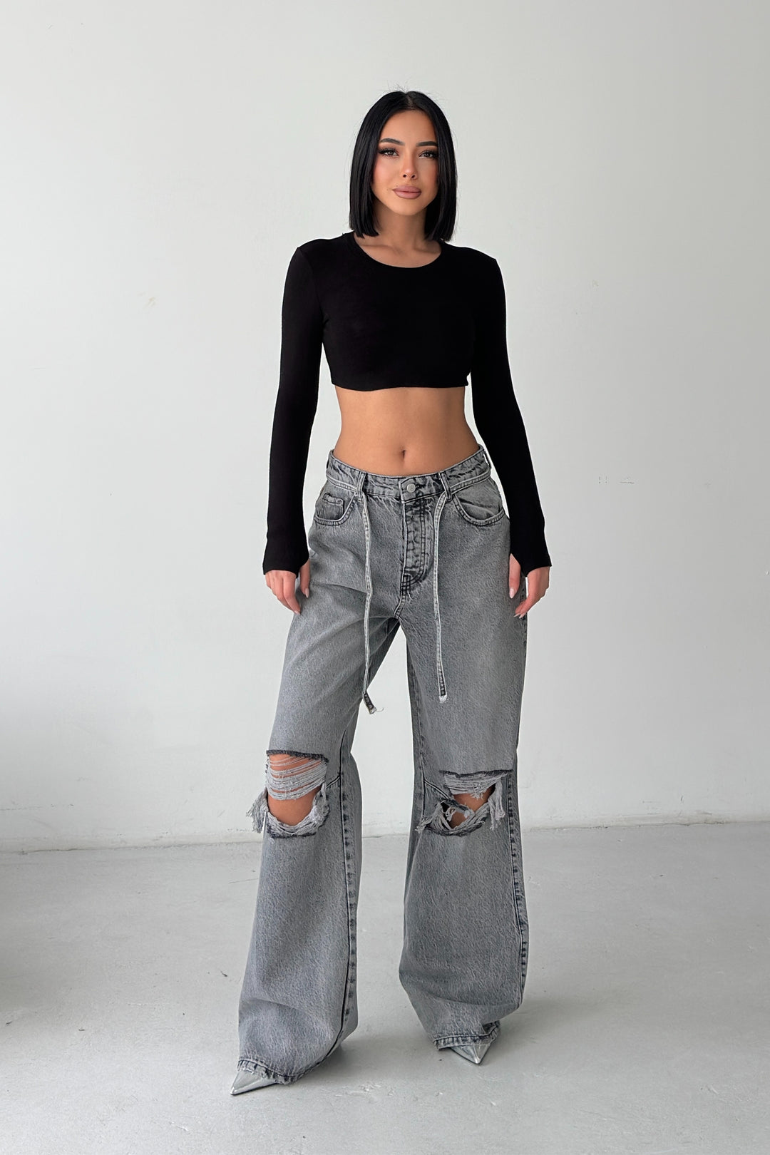 Routines Ripped Drawstring Jeans - Grey 1203-6