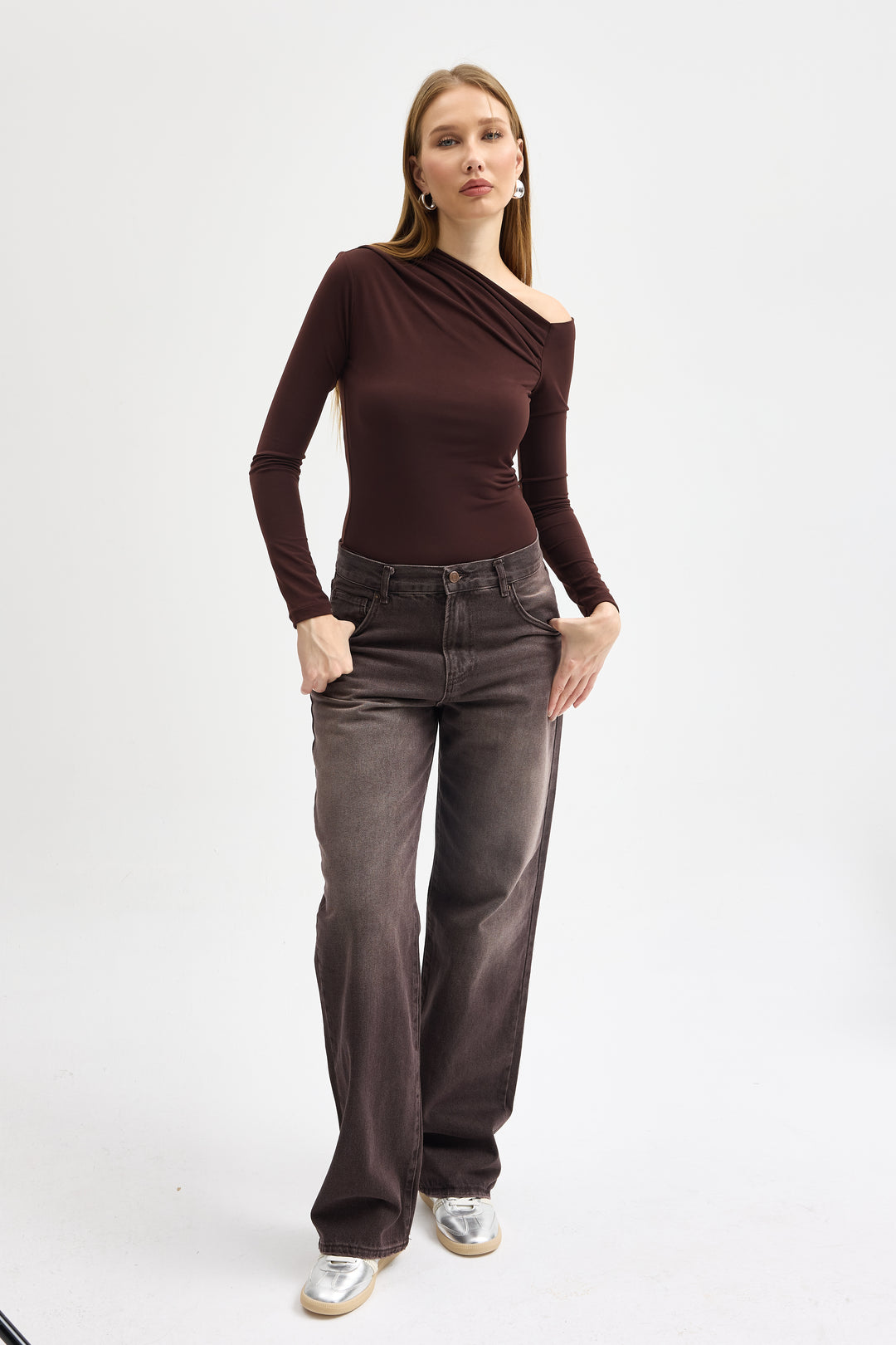 Routines Ruched Off shulder Top - Brown 10060