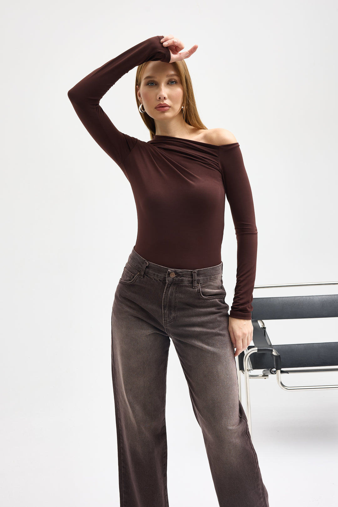 Routines Ruched Off shulder Top - Brown 10060