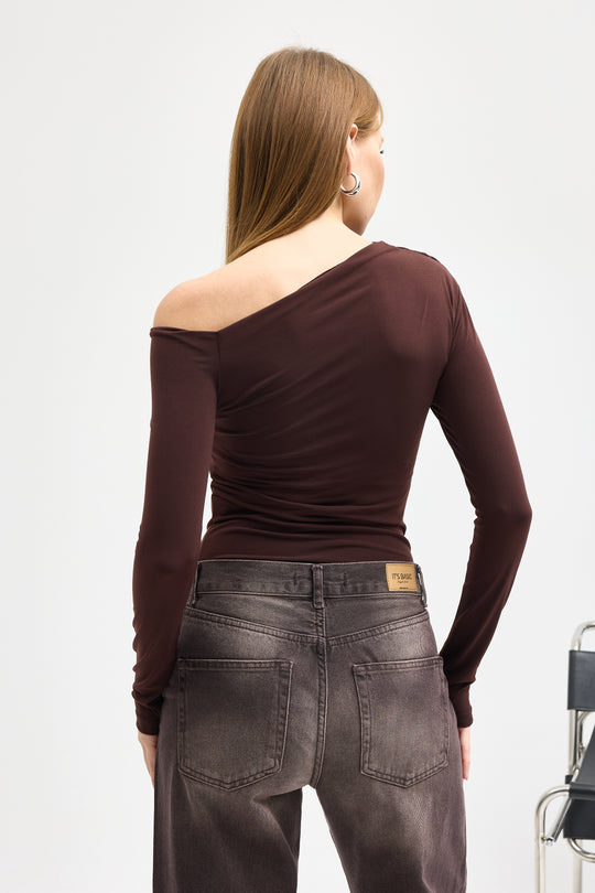 Routines Ruched Off shulder Top - Brown 10060