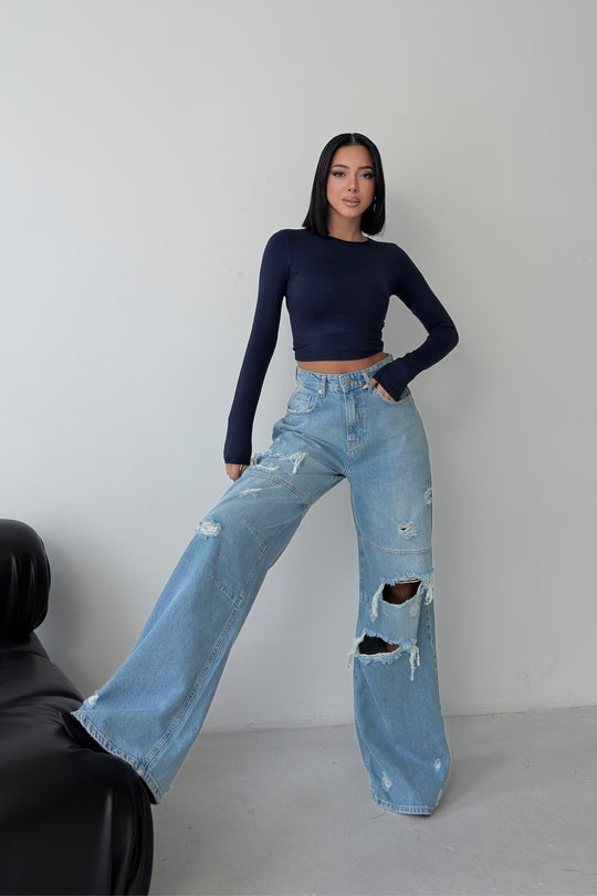 Routines Seam Detail Ripped Jeans - Light Blue 1373-3 Jeans Routines Fashion