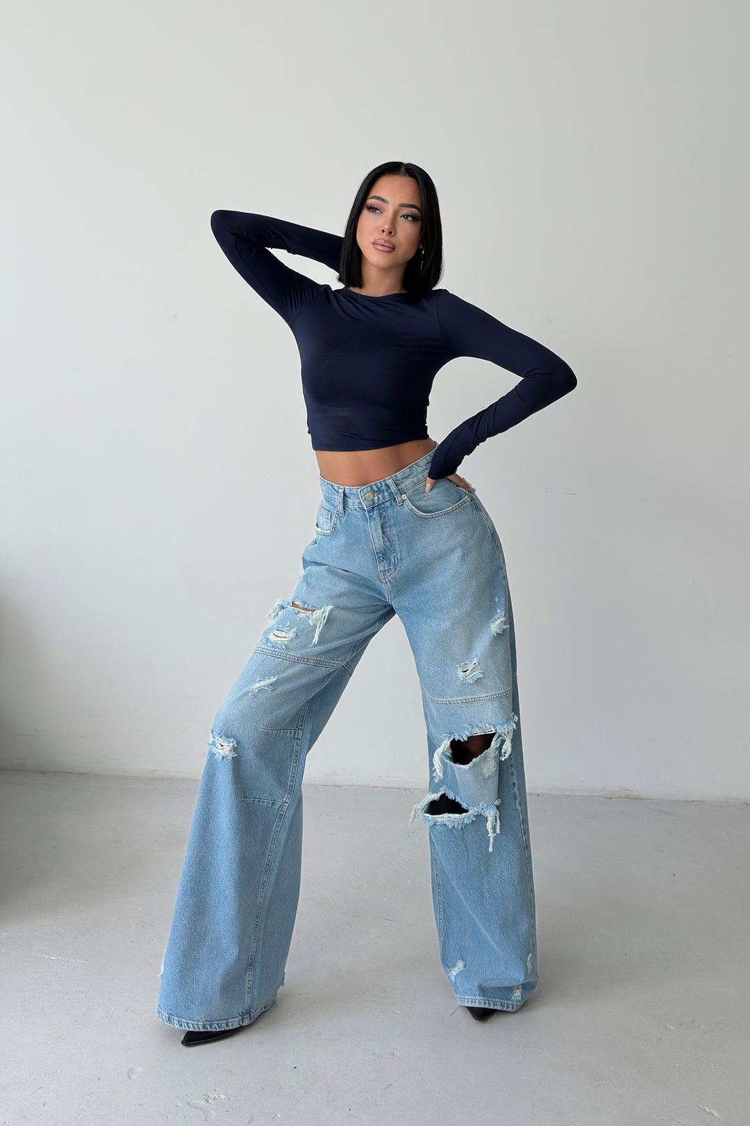 Routines Seam Detail Ripped Jeans - Light Blue 1373-3 Jeans Routines Fashion