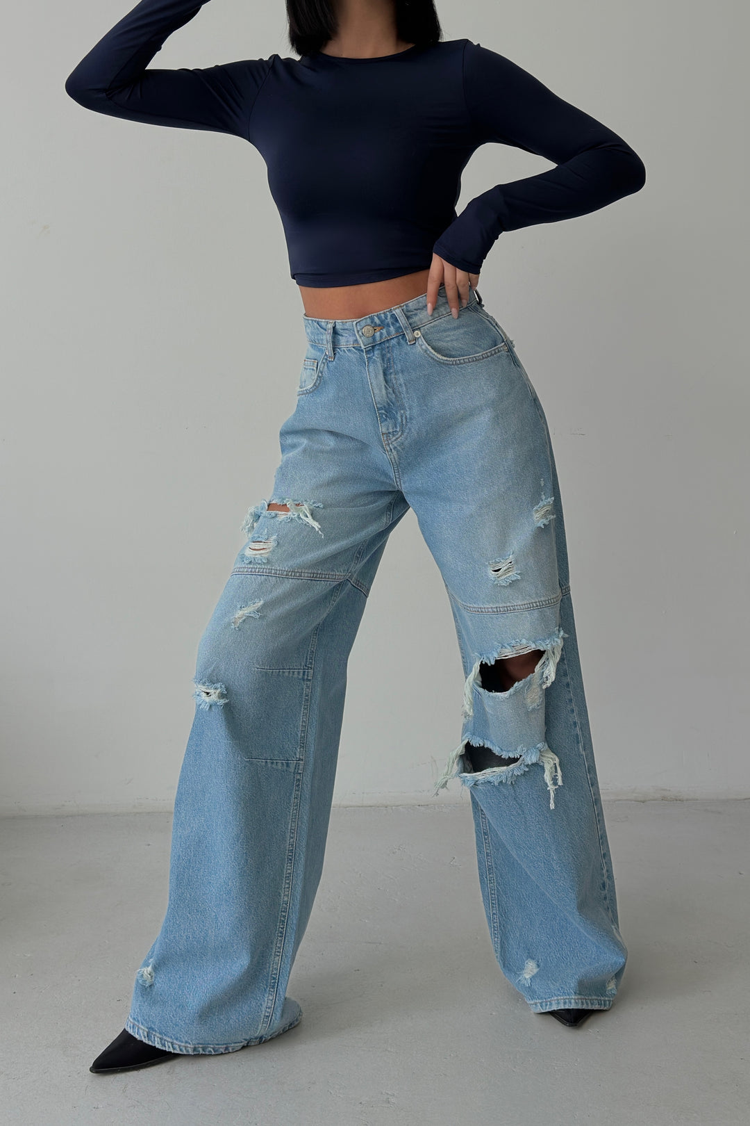 Routines Seam Detail Ripped Jeans - Light Blue 1373-3 Jeans Routines Fashion